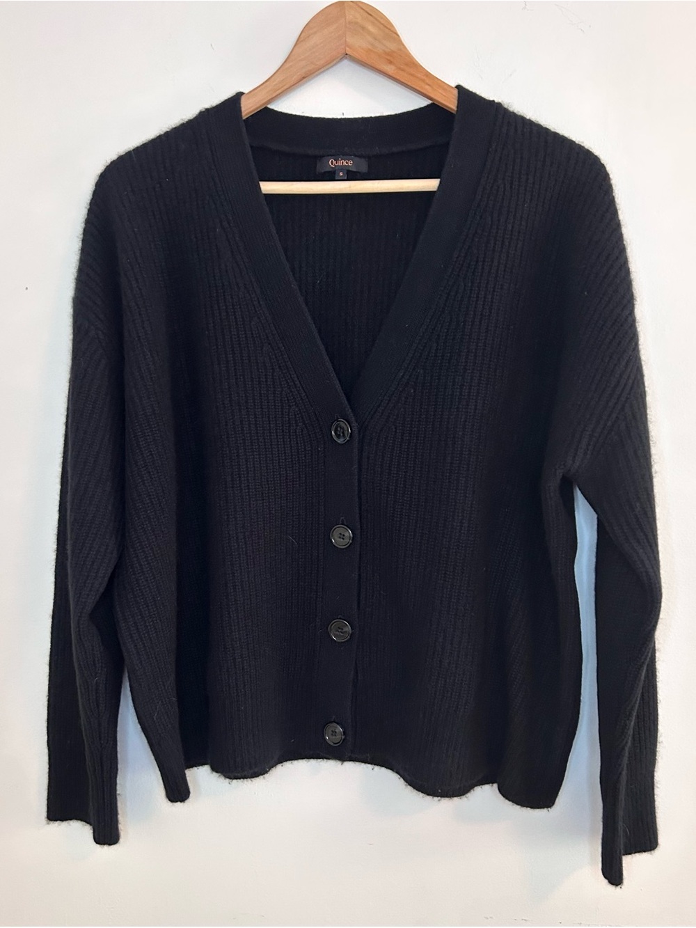 Quince Mongolian Cashmere Fisherman Boxy Cropped Cardigan Sweater Black Size S.